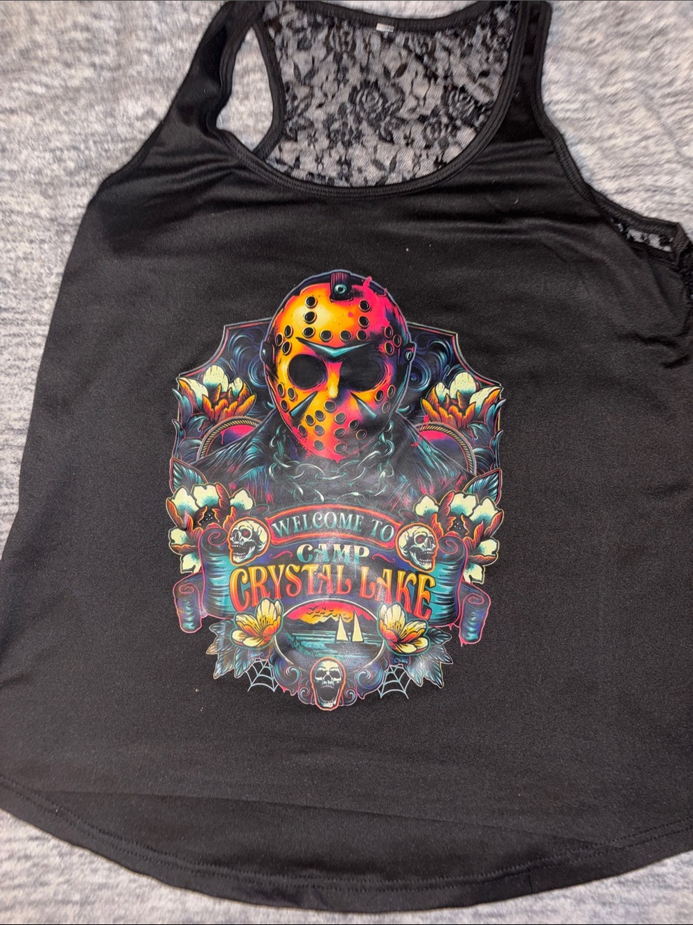 Black Crystal Lake Logo Lace Back Top Friday the Thirteenth